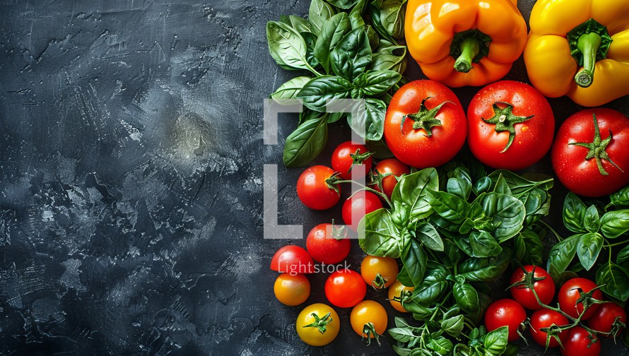 Variety of fresh vegetables on dark background. Top view with copy space