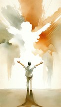 Man with hands up standing in front of a cloud of light. Digital watercolor painting.