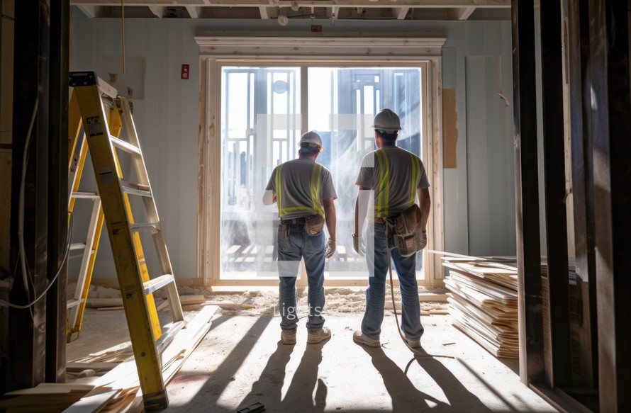 Two workers standing in front of a window in a new house