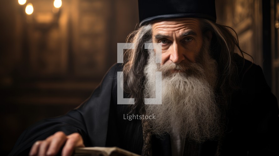 Portrait of an old jewish man with a long beard reading the bible