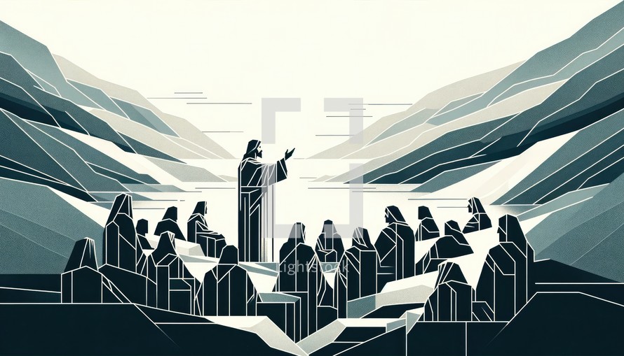 Jesus preaching in Galilee and gathering his disciples. Life of Jesus. Digital illustration. Vector illustration in retro style

