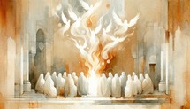 Pentecost Sunday: The Holy Spirit Comes as Tongues of Fire. Digital illustration of the Holy Spirit descending on the believers. Rear view.