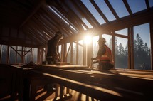 Workers working on the construction of a wooden house