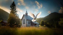 Holy Spirit, winged dove, flying over an old church in the mountains