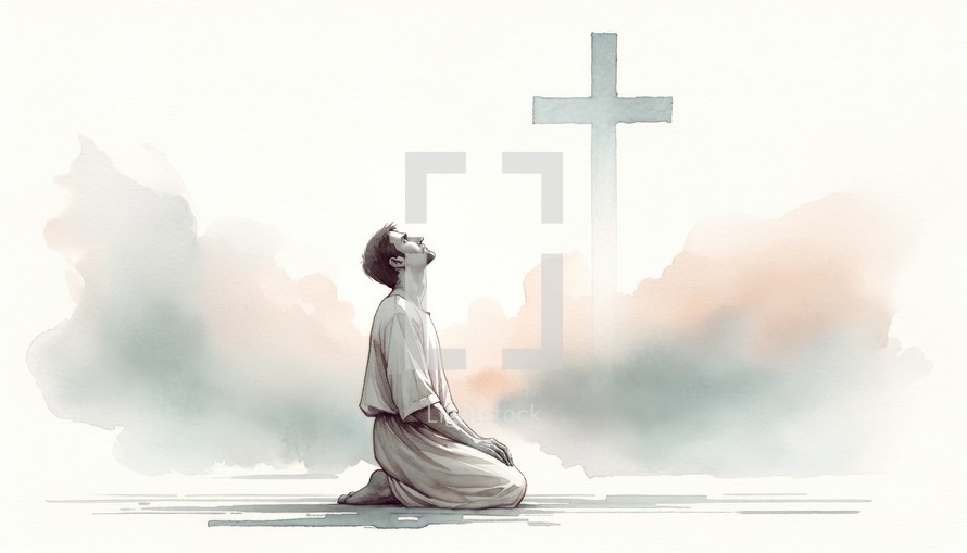 Young man kneeling and looking at the cross. Digital watercolor painting.