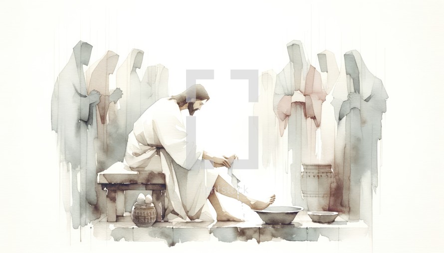 Washing of the Feet. Jesus. Maundy Holy Thursday. New Testament. Watercolor Biblical Illustration	