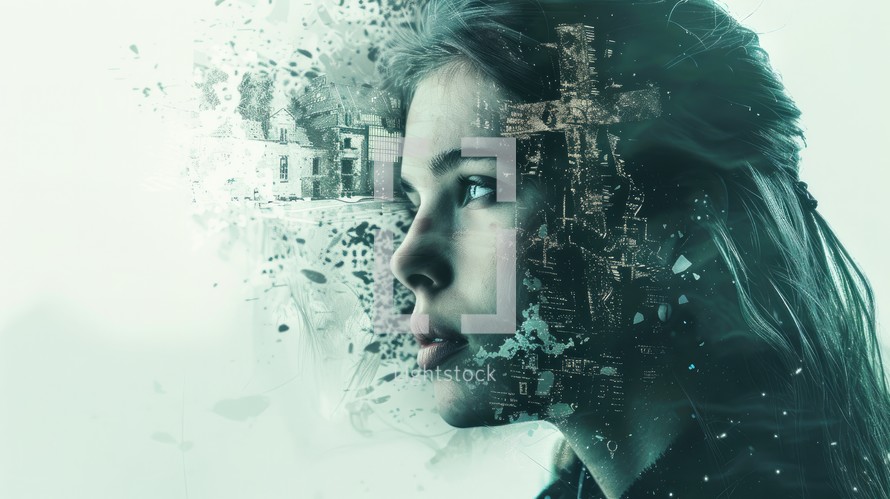 Double exposure portrait of a young woman with urban landscape in the background and cross. Conceptual image.