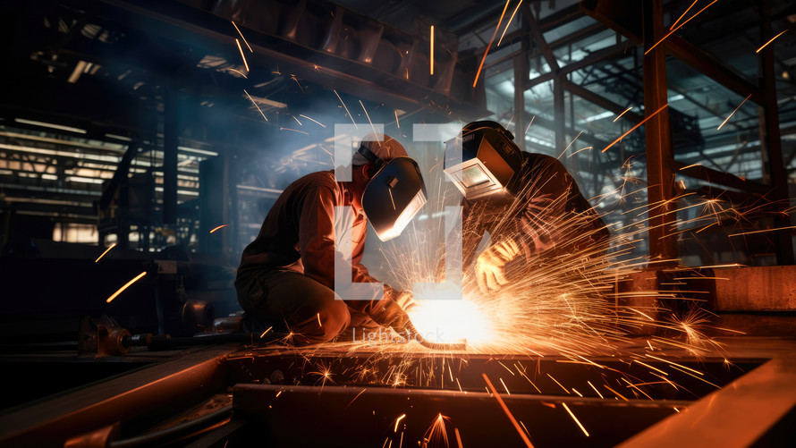 Industrial welding of steel structure in factory. Sparks while welder working