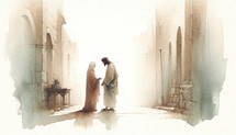 Jesus meets his Mother on the way to Calvary. Dgital watercolor painting.