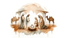 Watercolor illustration of Christmas Nativity Scene on white background