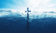 Cross in water. Christian cross underwater.