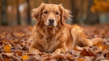 Portrait of golden retriever dog lying on autumn leaves in park