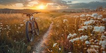 Bicycle in the meadow at sunset. Beautiful summer landscape.