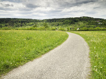 gravel path through a green meadow 