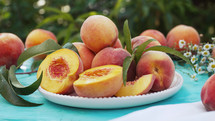 Still life of ripe peaches and nectarine. 