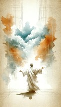 Man in worship in the sky with clouds, watercolor illustration, religion concept.