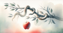 The original sin. Watercolor illustration of an apple and a snake on a tree branch.