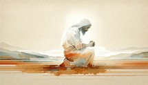Digital painting of Jesus Christ praying, sitting in the field.