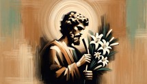 Illustration of Saint Joseph with lilies in his hand.