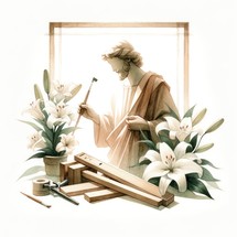 Painting of Saint Joseph with lilies working wood 
