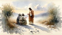 Jesus Christ appears to two Disciples. Life of Christ. Watercolor Biblical Illustration