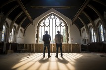 Building for Jesus. Two men looking at the inside of a church 