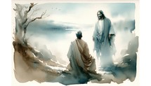 Jesus Christ appears to Peter. Life of Christ. Watercolor Biblical Illustration