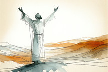 Man in worship in the desert. Digital watercolor painting.