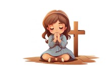Illustration of a little girl praying with a cross on a white background. Cartoon style.