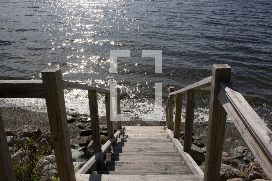 wooden steps leading to a beach in Maine 