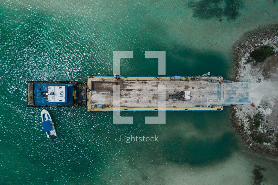 aerial view over a barge in the Bahamas 
