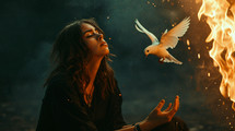 A young woman prays with hands open and a dove near fire