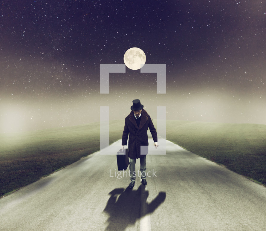 a man in a top hat walking on a road carrying luggage under a full moon