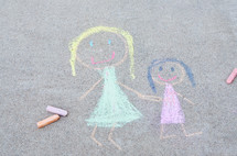 coloring of stick figure girls in sidewalk chalk 