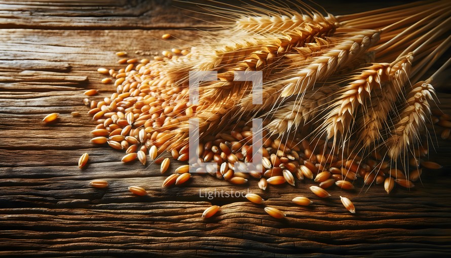 Wheat Scattered Across a Rustic Table