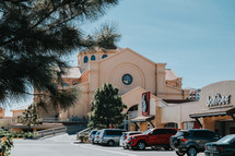 church exterior and shopping center 