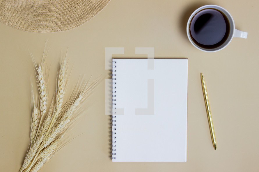 wheat, journal, pencil, coffee cup 