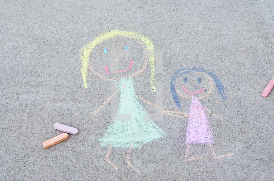 coloring of stick figure girls in sidewalk chalk 