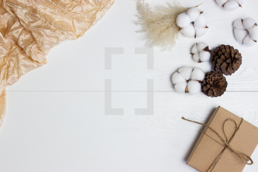 cotton and gift on a white background 