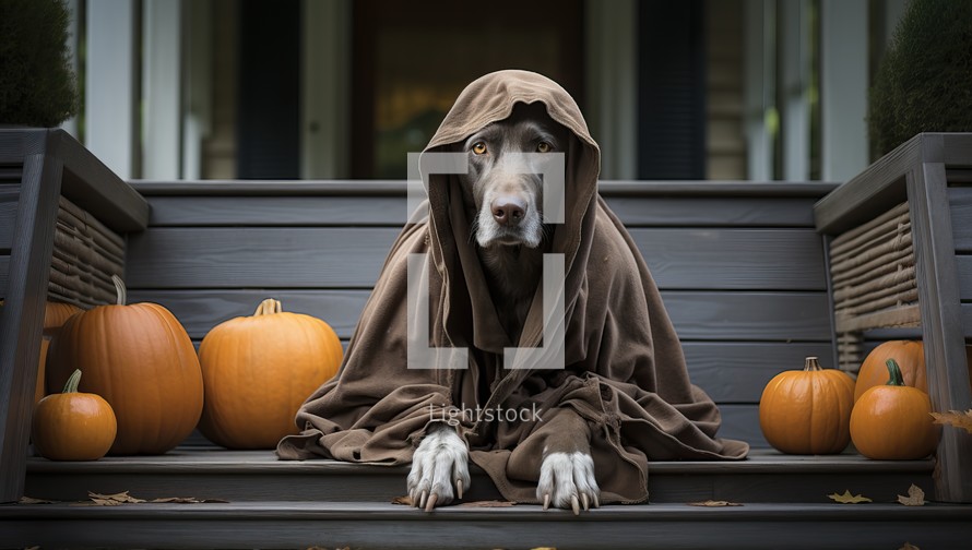 Dog in a hood on the porch of a house with pumpkins