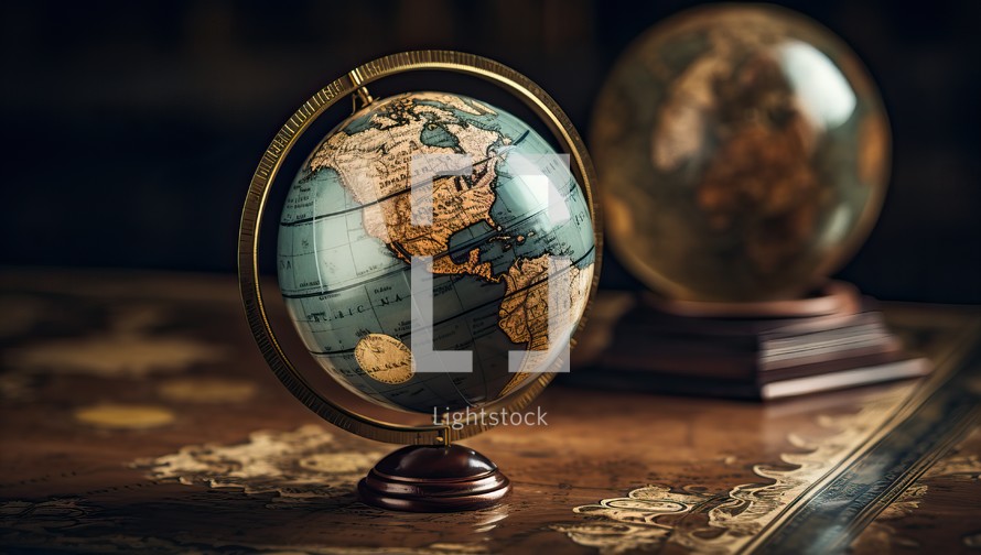 Globe and books on the old map. Vintage style toned