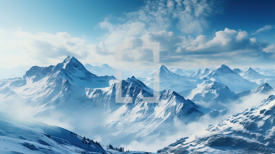 Snowy mountains and clouds. Panoramic view.