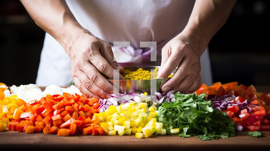 young man preparing vegetable salad in the kitchen