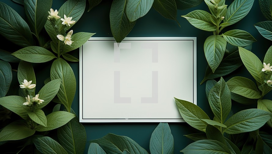 Creative layout made of green leaves and flowers. Flat lay, top view, copy space.