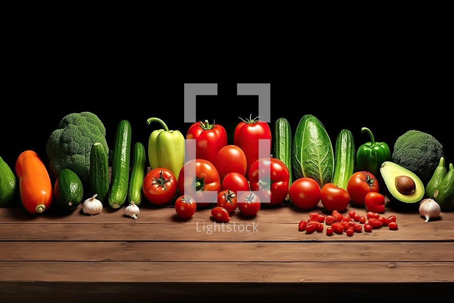 Variety of fresh organic vegetables on wooden table over black background.