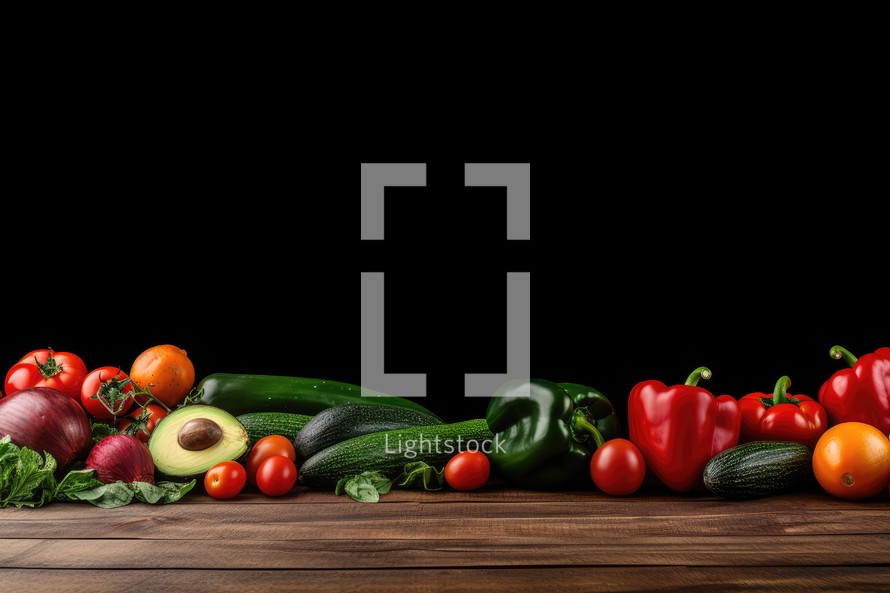 Fresh organic vegetables on wooden table against black background. Space for text