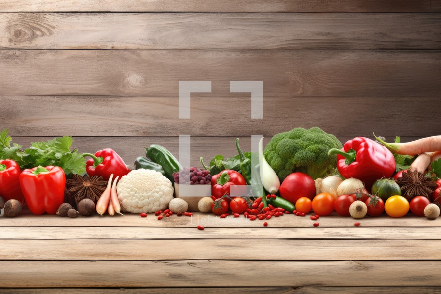 Composition with variety of fresh vegetables on wooden table. Balanced diet