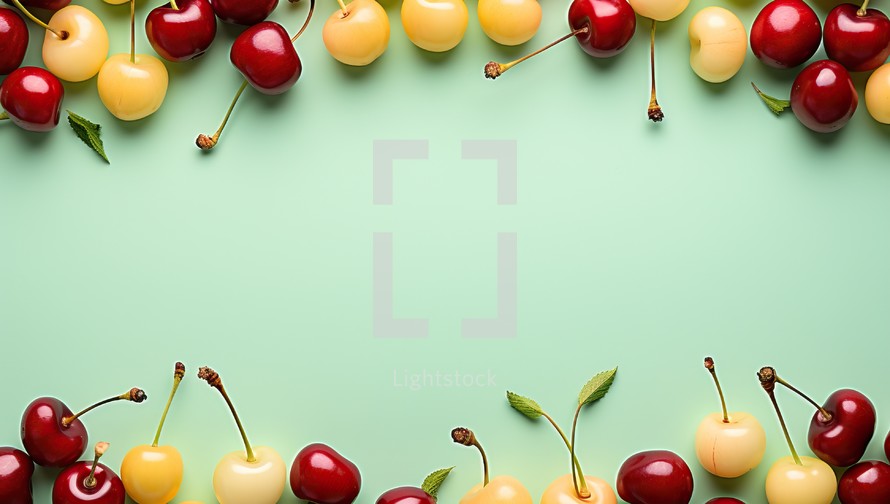 Top view of ripe cherries on color background with space for text