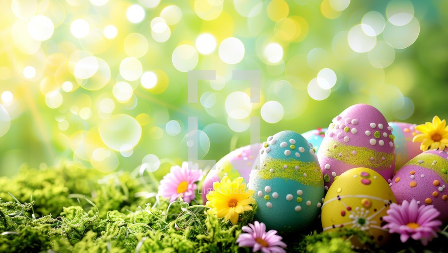 Colorful Easter Eggs and Springtime Flowers on Grassy Field with Bokeh Background. Concept of Spring Holidays and Natures Renewal