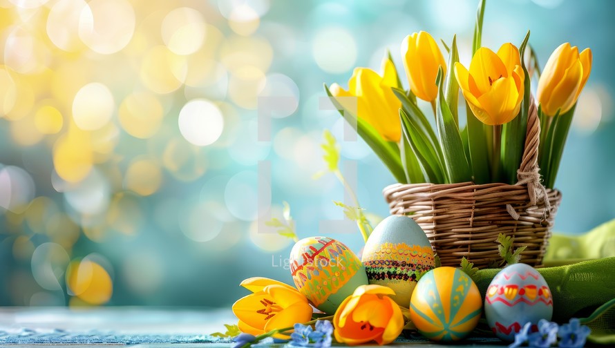 Happy Easter background with tulips and Easter eggs. Greeting card with basket full of colorful Easter eggs and spring flowers. Copy space